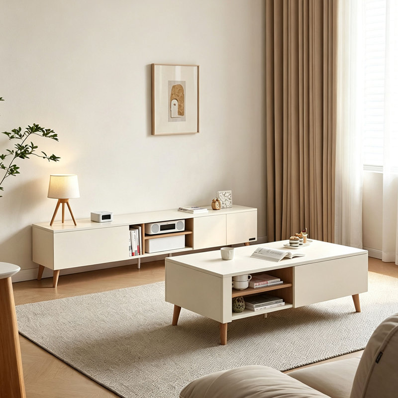 Ensemble de table basse simple et moderne avec rangement pour meuble télé, Crème, Crème