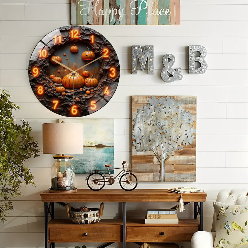 Horloge murale d'Halloween citrouille d'Halloween moderne en verre 12 po