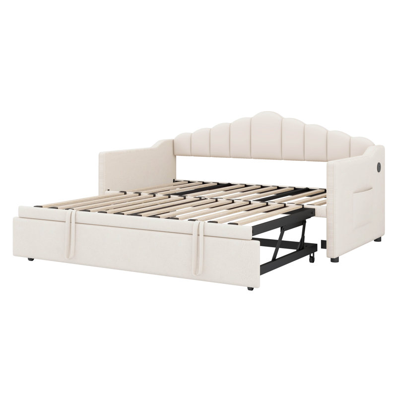 Upholstered Twin Size Daybed With Adjustable Height Pop Up Trundle And USB & Type-C Charging Port, 2 Side Pockets, Beige