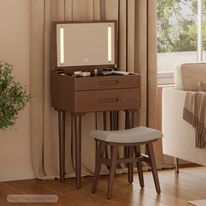 Coiffeuse de maquillage en bois massif, miroir lumineux à couvercle rabattable, à intensité variable 3 modes, avec tiroirs