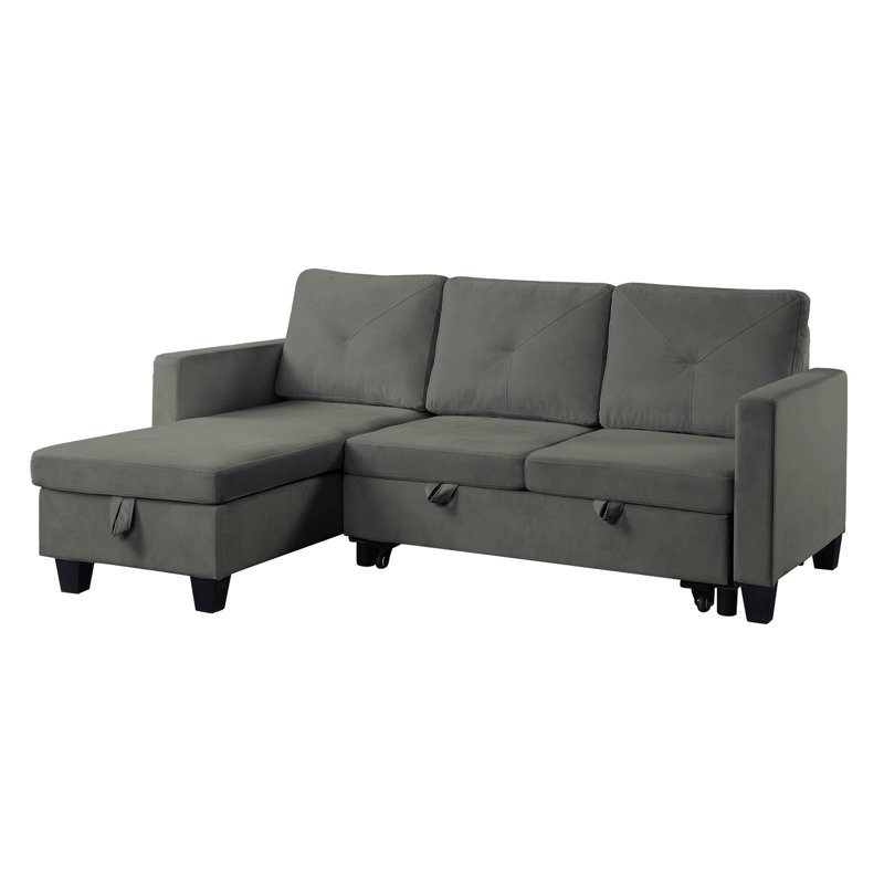 82.5"W Velvet Reversible Sleeper Sectional Sofa With Storage Chaise, Gray Velvet