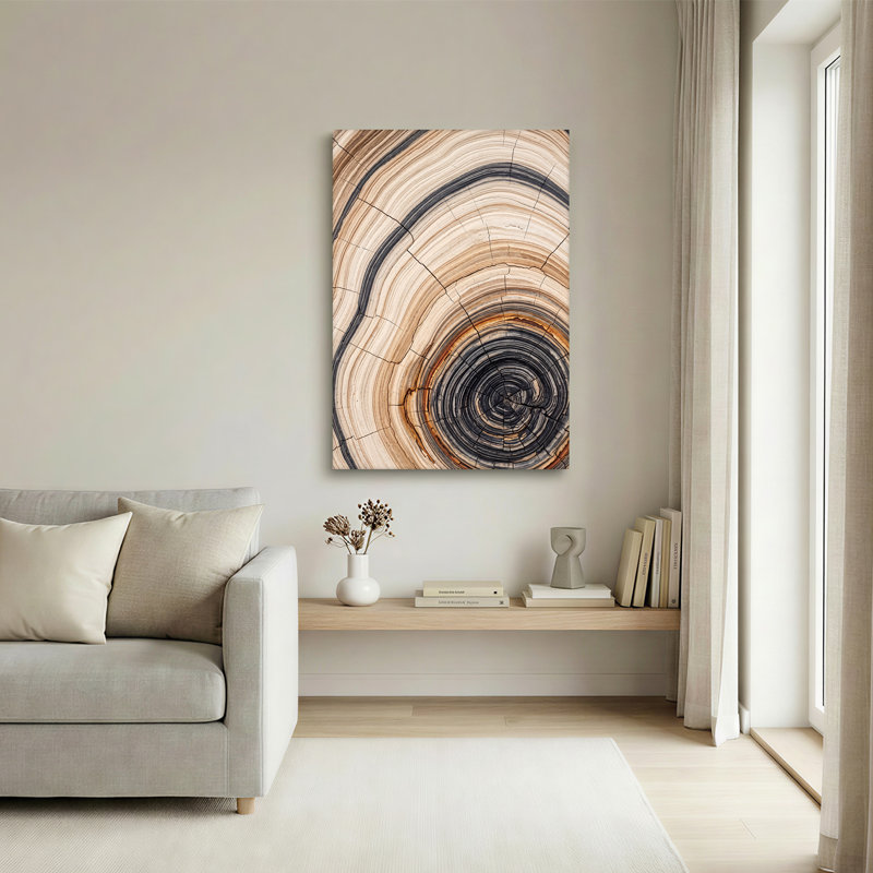 Art mural sur toile concentrique avec anneaux d'arbre beige et noir, 18"H x 12"W