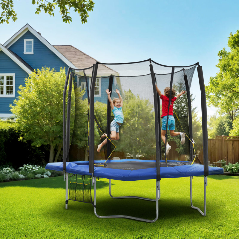 Trampoline de jardin rectangulaire 9 pi x 14 pi avec enceinte sécuritaire, Bleu