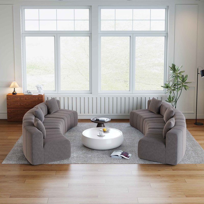 Canapé modulaire incurvé chenille avec 6 coussins Chenille, Gris