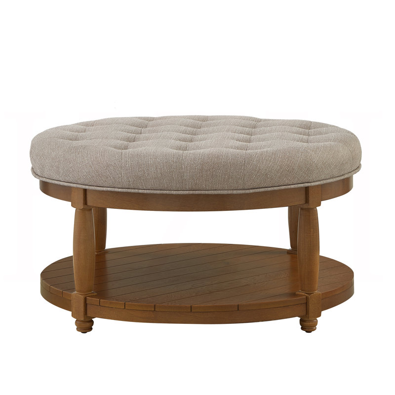 Grande table basse ronde avec repose-pieds rembourré en lin capitonné, grand repose-pieds avec rangement en bois, lin, Linen