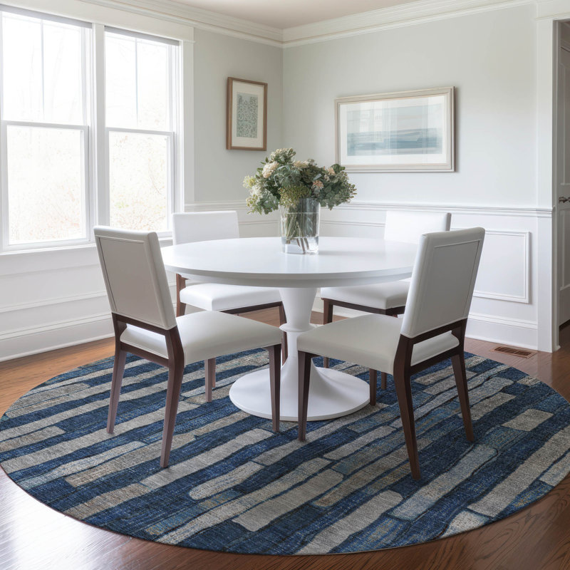 Machine Washable Indoor/Outdoor Christain ACN1304 Navy Rug, Round 8'