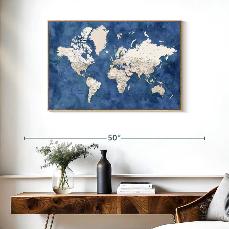 Carte détaillée du monde avec les villes I, 37 po x 25 po, Cadre flottant en bois naturel