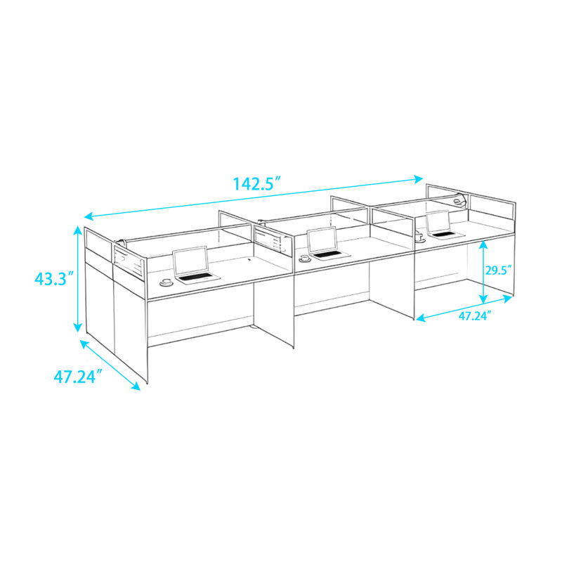 Bureau rectangulaire pour 6 personnes, 43.3'' H X 142.5'' W X 47.24'' D