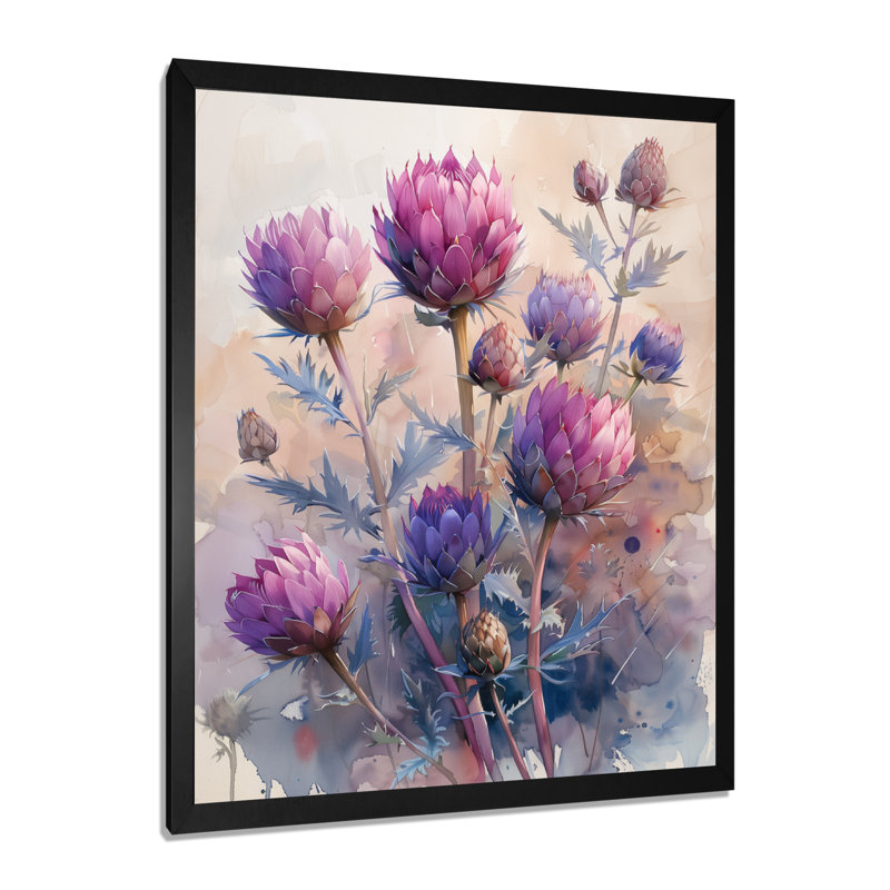 Matinée d'été, chardon mauve, fleurs - chardon, art mural, H 20 po x l 12 po x P 1 po, Toile encadrée noire simple