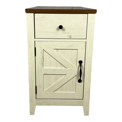 Table de bout de ferme avec station de charge, table de chevet avec porte de grange et tiroir, rangement pour le salon de la chambre à coucher, table de chevet, table de chevet brun + blanc