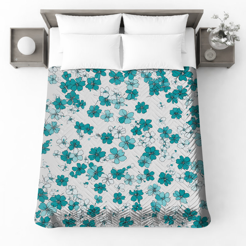 Couvre-lit matelassé à motif floral turquoise toutes tailles, Lit simple