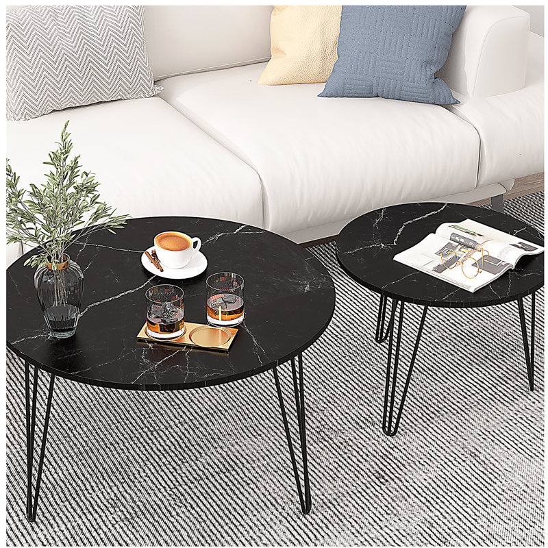 Ensemble de 2 tables basses gigognes rondes de 27,56 po, ensemble de tables de bout gigognes circulaires, plateau de table rond en marbre et base en métal robuste pour le salon, la chambre à coucher, noir