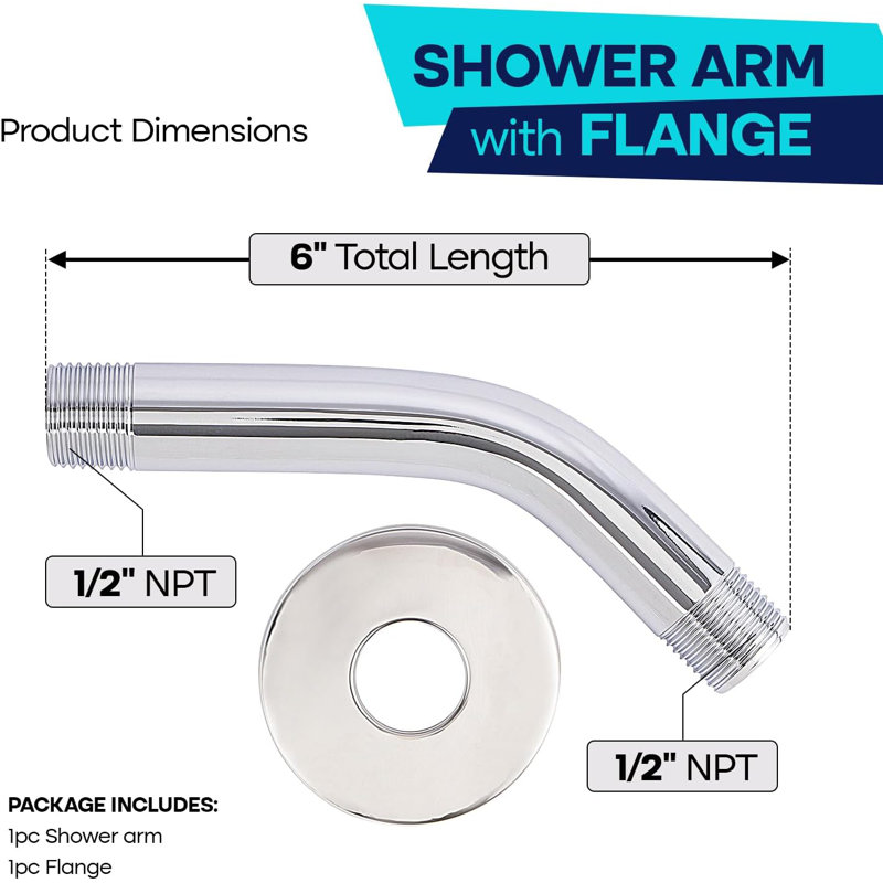 Bras de douche avec bride Bras de pomme de douche mural en acier inoxydable de 6 pouces, finition chromée, Chrome chrome