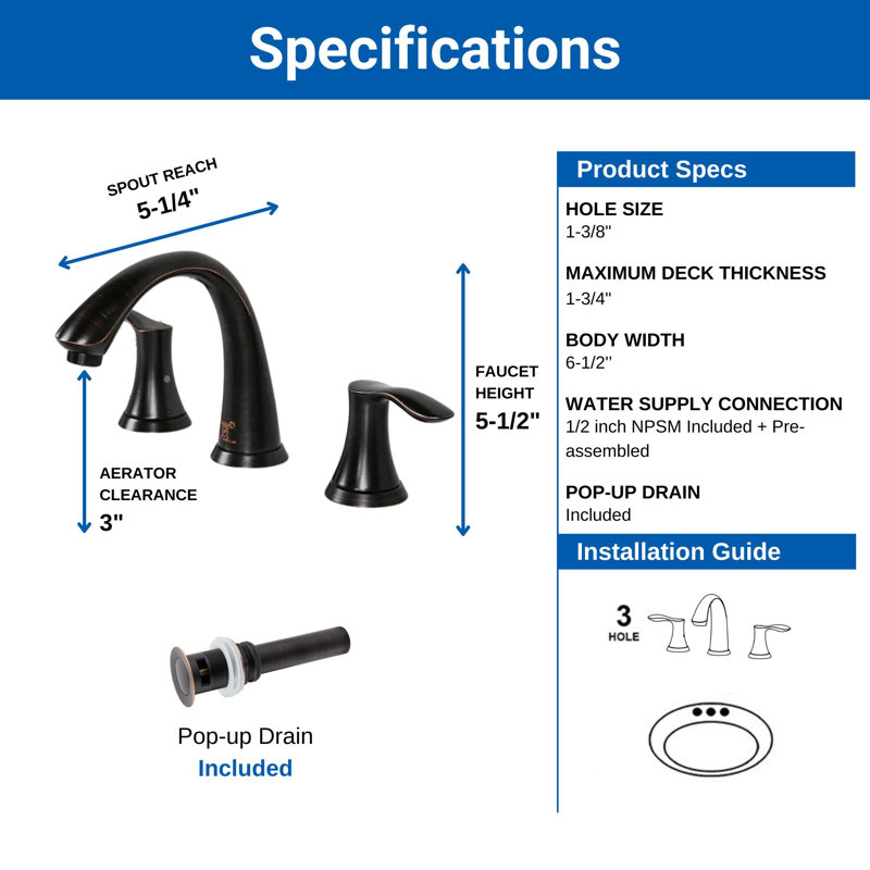 Wide Spread Two Handles Bathroom Sink Faucet with Drain Assembly, Three Holes Bathroom Faucet with Pop-up Drain Stopper