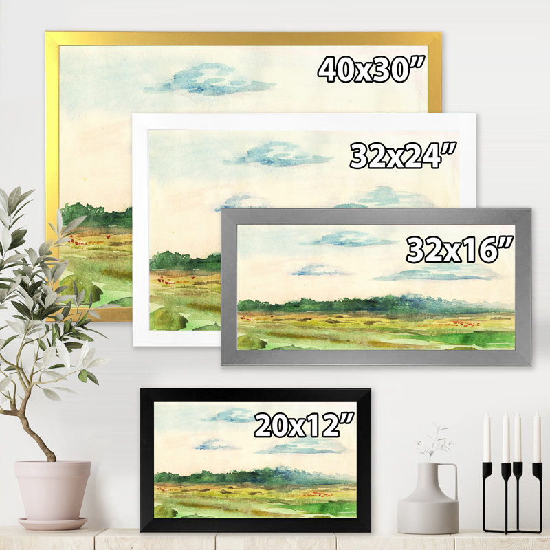 «Green Blossoming Summer Landscape», peinture sur toile, H 30 po x l 40 po x 1,5 po, Toile avec cadre argenté