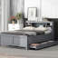 Lit double avec rangement pour tête de lit, lit gigogne simple et 3 tiroirs gris-116739038