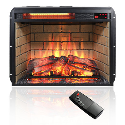 23" Infrared Quartz Heater Fireplace Insert - Woodlog Version With Brick Look. 1500w Heat Output. 5000 /hr. Realistic Flame Effect. 4 Adjustable Brightness Options. /ul . Double Precautions. Energy
