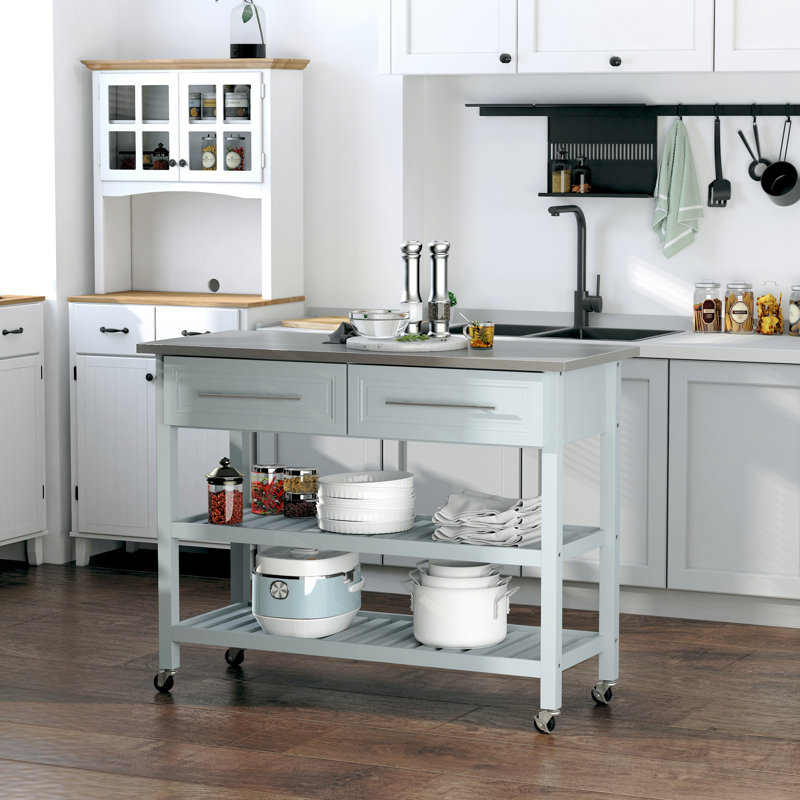 Îlot de cuisine avec plateau en acier inoxydable, îlot de cuisine traditionnel avec rangement, 2 tablettes ouvertes, tiroirs, gris clair