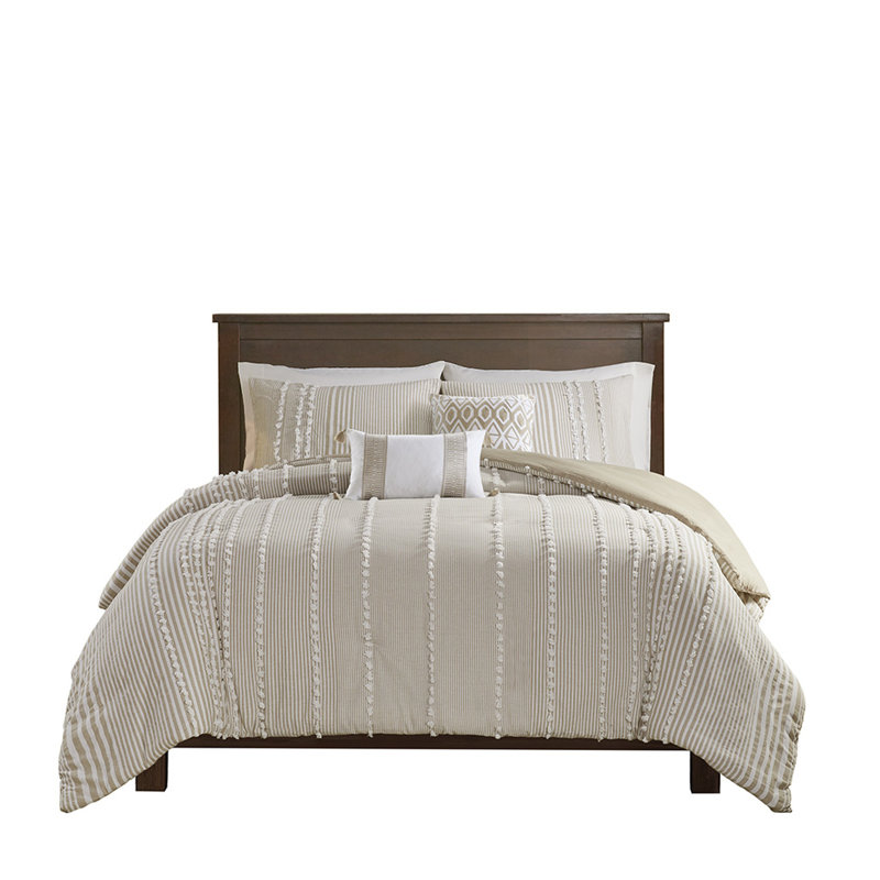 Housse de couette en coton teinté 3 pièces pour lit très grand avec des rayures taupe et blanches 100% broderie en chenille