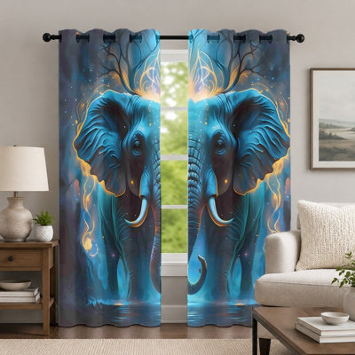 2Pcs Blue Elephant Pattern Curtains, Fantasy Style Curtain, Magical Glowing Animal Artistic Printed Grommet Drapes, Window Treatment for Bedroom Living Room Decor