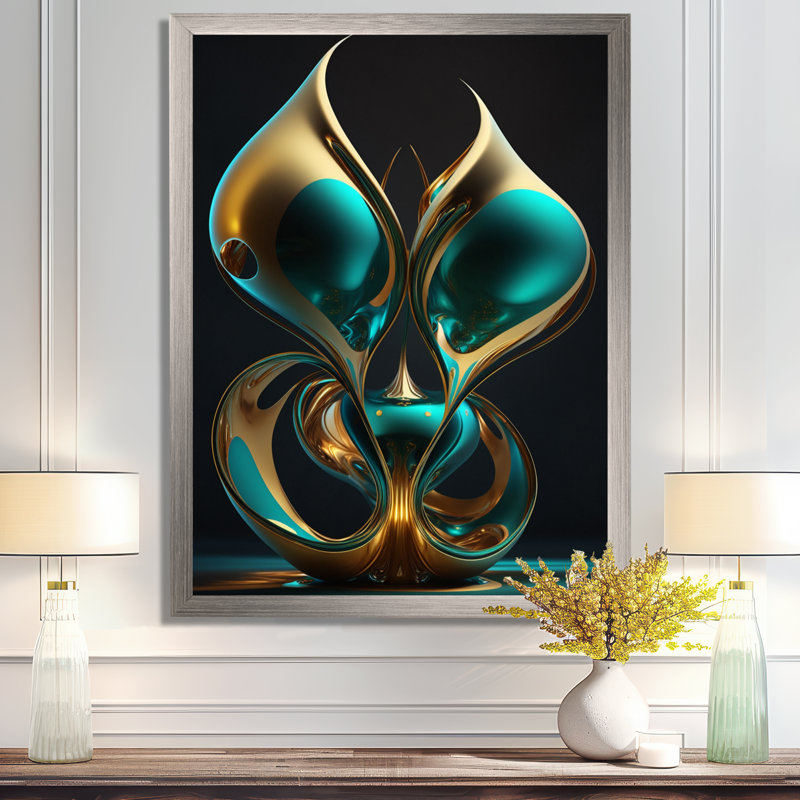 Rhyth of Infinity 3D Turquoise Gold Sphere I - Abstract Fractal, art mural, H 40 po x l 30 po x P 1,5 po