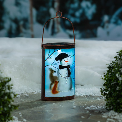 9.5" Solar glass lantern, Winter Frost Snowman