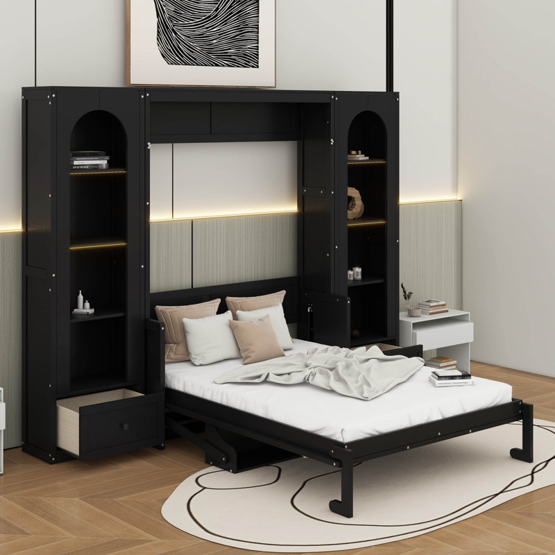 Grand lit plateforme escamotable avec tablette, tiroirs et DEL, Noir, noir, noir, noir