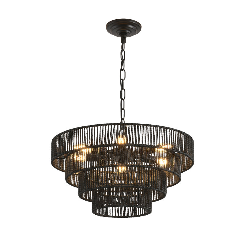 Luminaire suspendu noir en chanvre noir, Six lumières