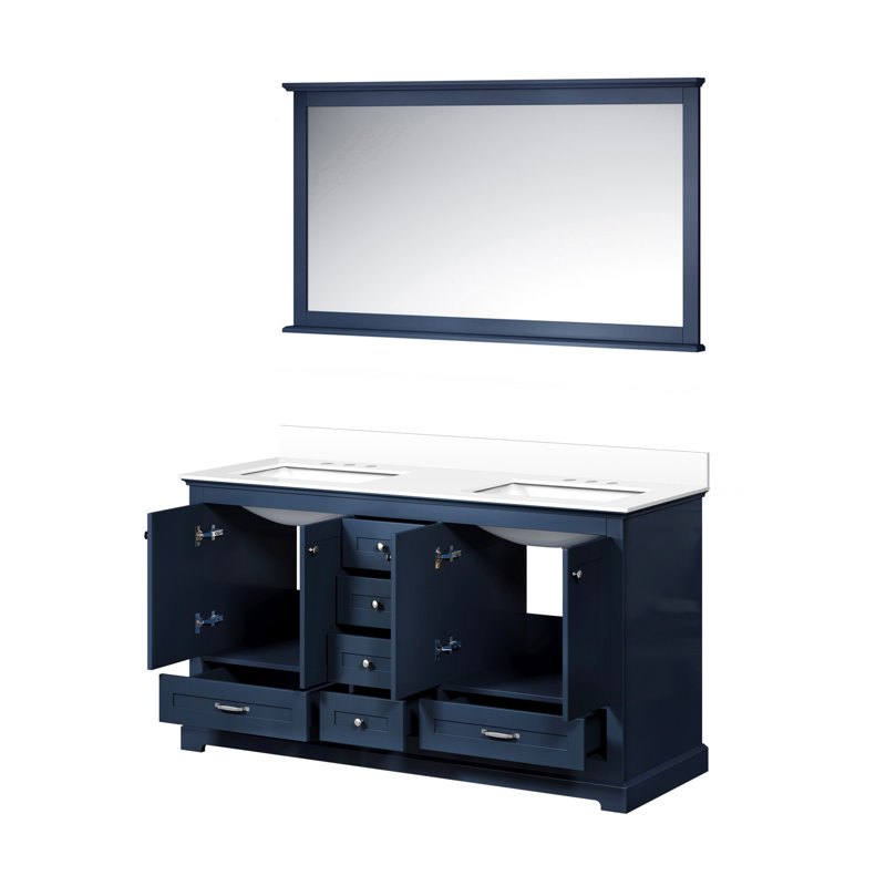 Dukes 60 in. W x 22 in. D Double Bath Vanity, and 58 in. Mirror, Navy Blue, White Quartz