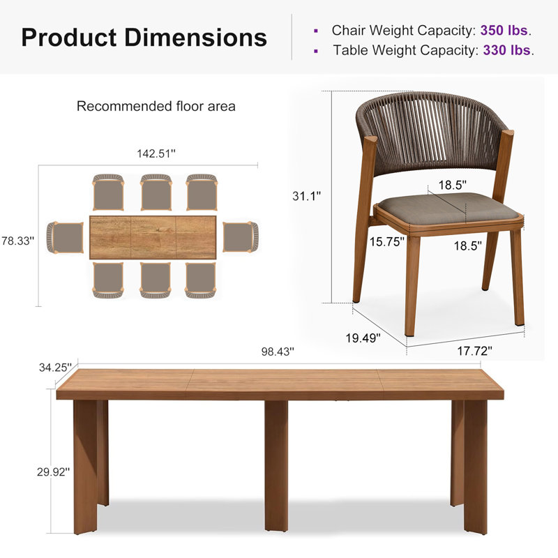 Rectangular 8 - Person 98.43" Long Aluminum Dining Set with Cushions
