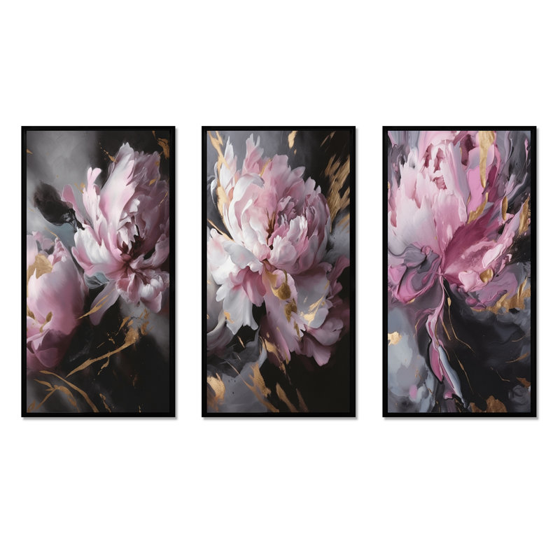 «Harmonious Pink Grey Peony Flower», 3 pièces, H 32 po x l 48 po, Cadre flottant noir