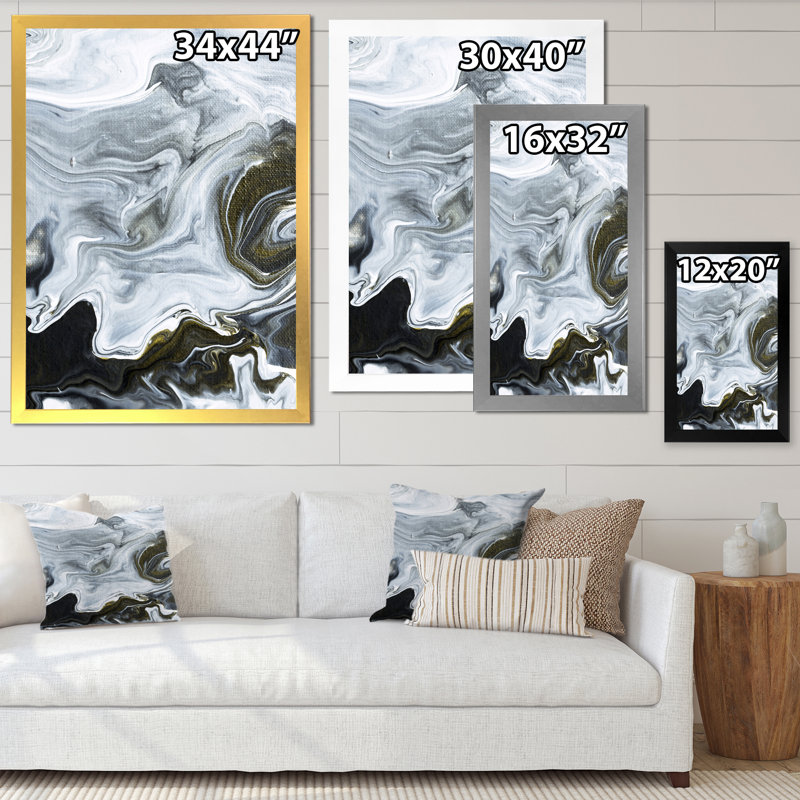 Marbre noir et blanc abstrait liquide - peinture sur toile, H 33,5 po x l 25,5 po x P 1 po, Cadre noir