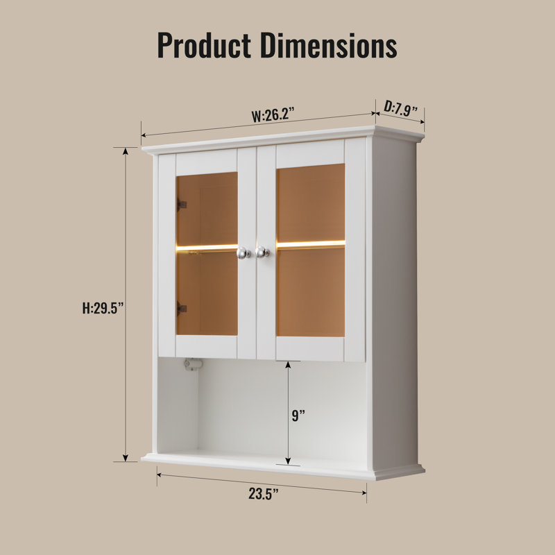 Yanetzi Bathroom Wall Cabinet with Glass Doors  Fully Assembled, White