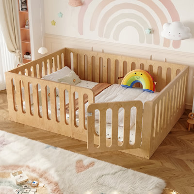 Kids Full Montessori Floor Bed with Safety Fence and Gate