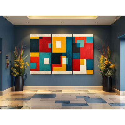 «Bold Colors Modern Abstract Triptych», art mural géométrique, toile USA faite à la main - encre résistante à la décoloration, décor prêt à accrocher, reproduction de peinture