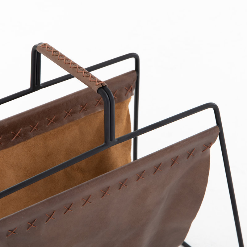 Black Metal Freestanding Magazine Rack with Brown Leather Slings