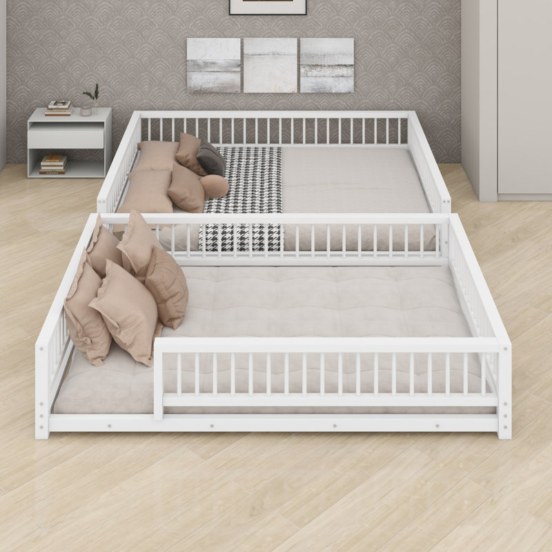 Floor Bunk Bed Frame With Ladder And Safety Guardrails, White, Full XL over Queen