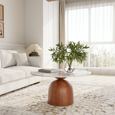 Meranda 31" Round Stone Coffee Table With Walnut Solid Wood Pedestal For Living Room & Home Decor