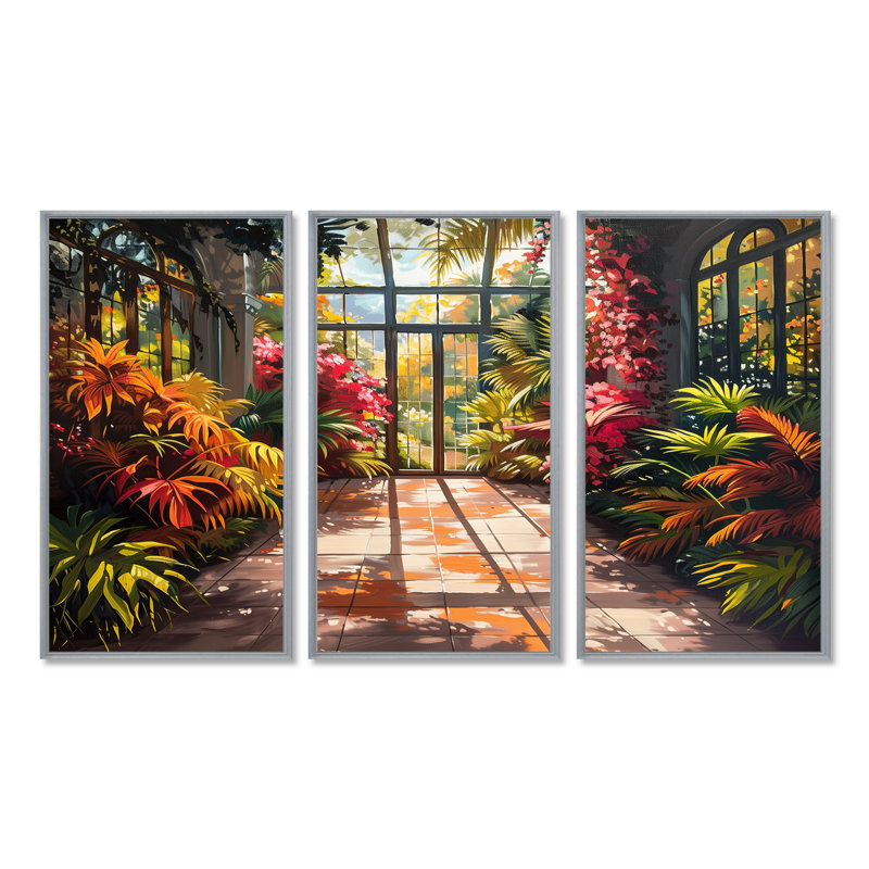 «Greenhouse Tropical Treasure I» - ensemble de décoration murale serre, Toile argentée avec cadre flottant