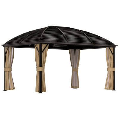 3 X 4m Brown Hardtop Gazebo, Aluminium Frame Permanent Pavilion With Metal Roof, Mosquito Netting, Privacy Curtains And Hanging Hooks