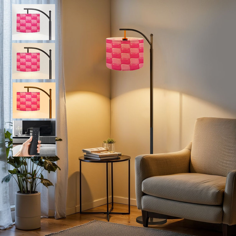  Arc Floor Lamp Pink checkered board repeatable hot pink Tall Modern Standing Lamp LED Adjustable Linen Lampshade 3 Color Temperatures