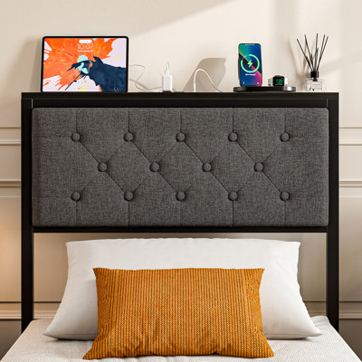Headboard With Storage And Charging Station, Upholstered Storage Headboard Only With Bed Frame Brackets Adapter, Button Tufted Design, Easy Assembly