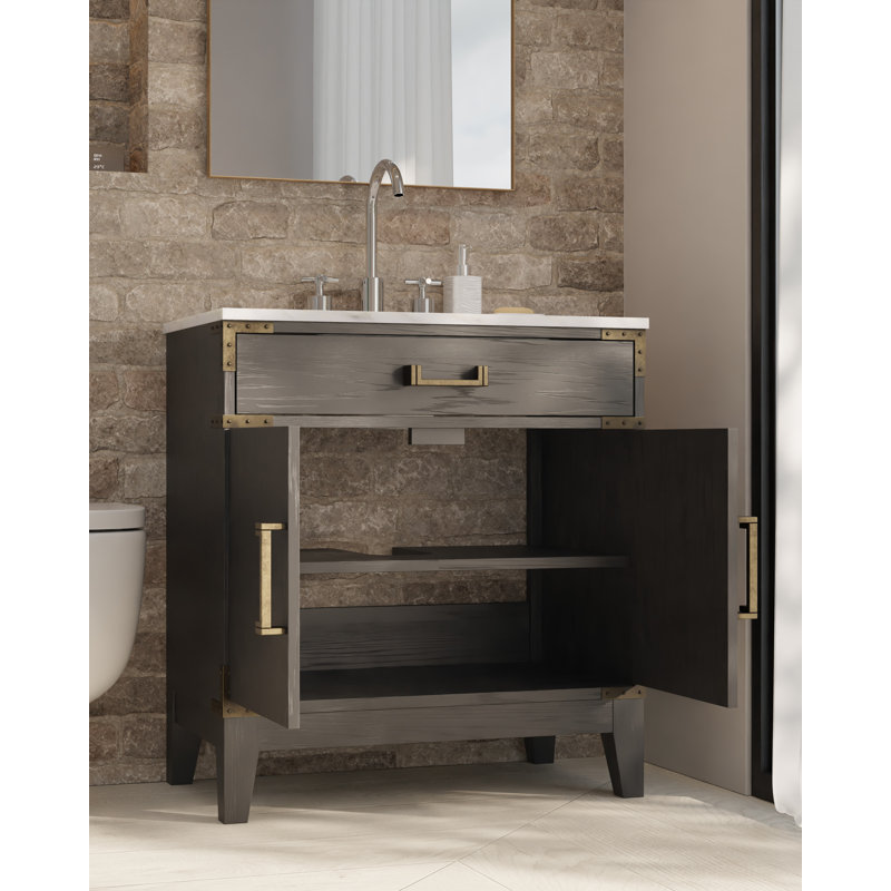 Laurel 36 in W x 22 in D Single Bath Vanity Mirror and Faucet Set, Black Oak, White Carrara Marble