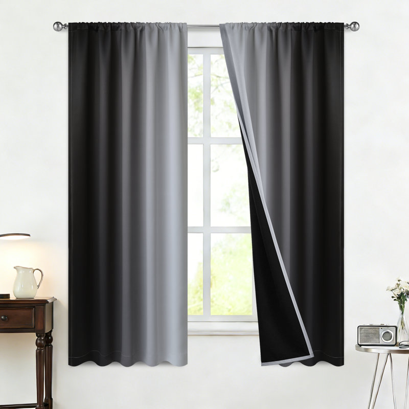 Ombre 100% Blackout Curtain-Room Darkening Rod Pocket Drapes for Bedroom & Living Room, 52" W x 63" L, Black