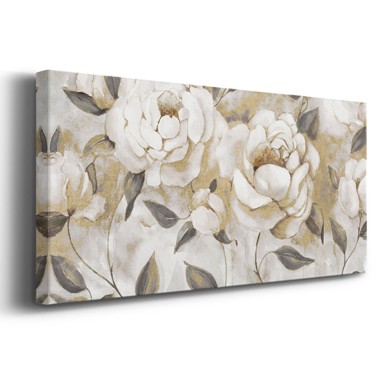 Roses blanches dorées - Toile tendue avec châssis - Prêt à accrocher, H 12 po x l 30 po