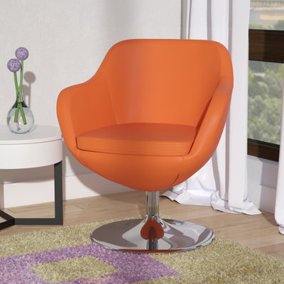 Caisson Modern Vegan Leather Upholstered Metal Swivel Armchair in Orange