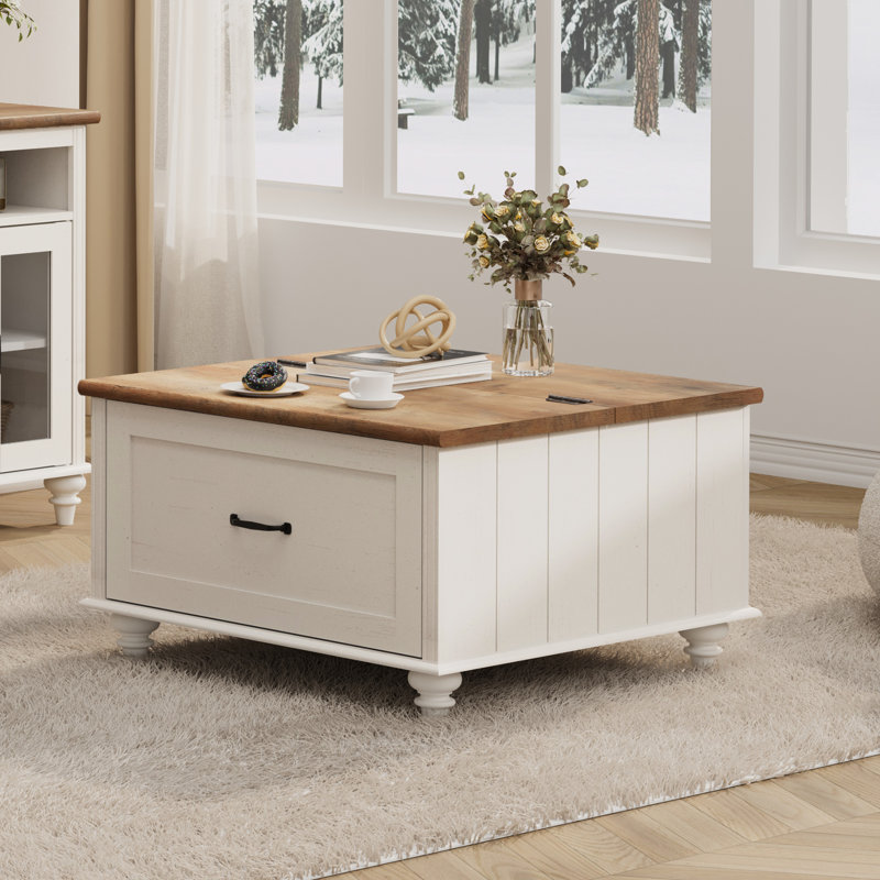Farmhouse Coffee Table With Flip Top And Drawer, White