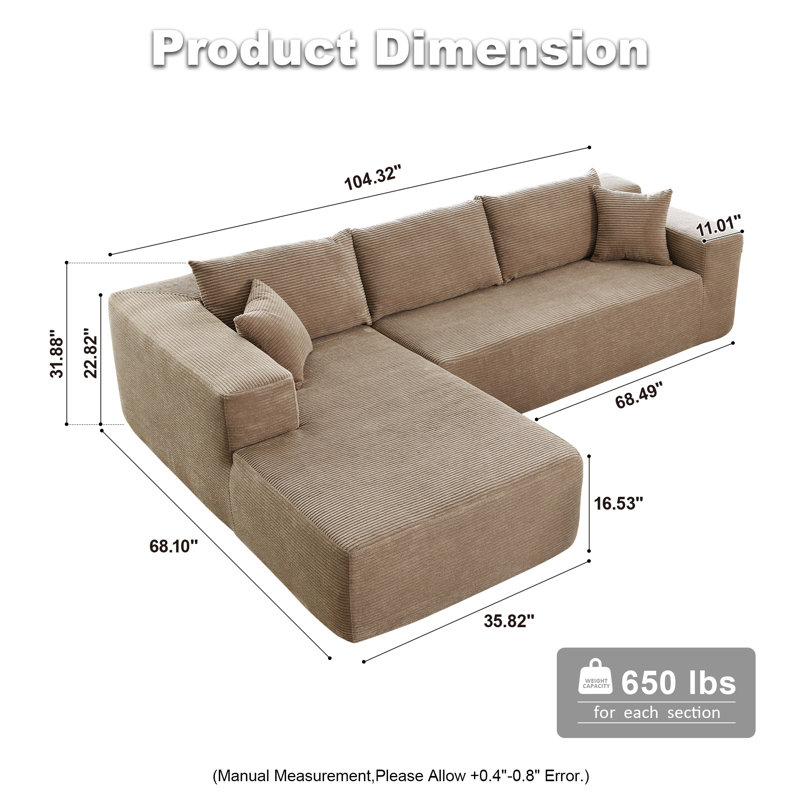 Canapé-lit 2 pièces avec coussin Kessas, Orienté vers la gauche, Velours côtelé brun clair