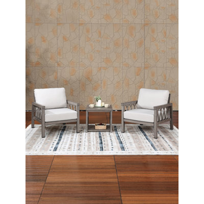 Ensemble de 3 fauteuils d'extérieur avec structure en aluminium, coussins d'assise profonds et table d'appoint, idéal pour la terrasse, le patio ou le balcon, fini chêne blanchi.