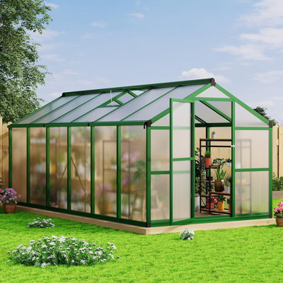 Serre de jardin en polycarbonate 8 po x 10/12 pi avec évent de toit, grande serre à cadre en aluminium pour l'extérieur